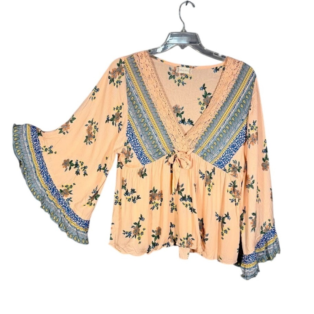 Altar'd State Angie‎ Peach Floral Butterfly Bell Sleeve Boho Blouse Oversized S